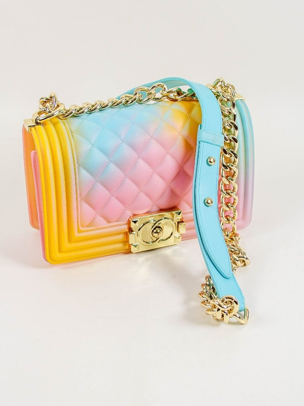 Pastel Rainbow Jelly Crossbody Bag Gold Chain Strap Quilted Candy Color Purse